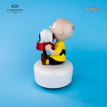 Load image into Gallery viewer, Statuina di Charlie Brown e Snoopy nella ciotola dell&#39;acqua, su carillon musicale.
