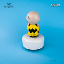 将图片加载到图库查看器，Statuina di Charlie Brown e Snoopy nella ciotola dell&#39;acqua, su carillon musicale.
