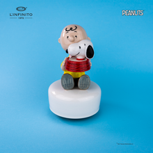 将图片加载到图库查看器，Statuina di Charlie Brown e Snoopy nella ciotola dell&#39;acqua, su carillon musicale.
